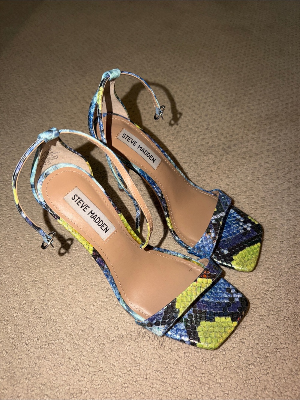 Steve Madden Blue and Yellow Snake-Print Ankle Strap Heels